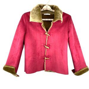 Marisa Christina Dark Pink Jacket Faux Suede Toggle Close Faux Fur Tan Lined  M